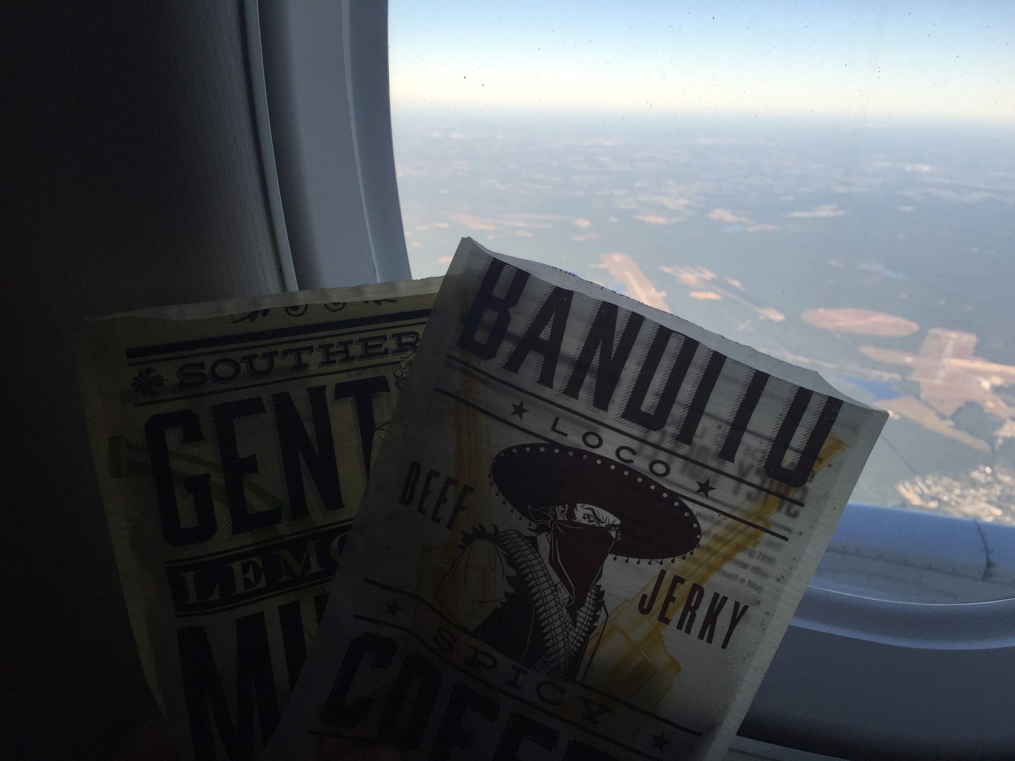 They allow jerky on airplanes, ya'll. Flying high somewhere over the midwest.