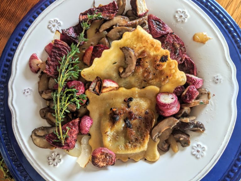 Roasted Beet and Mushroom Ravioli “Perogies” for World Pasta Day